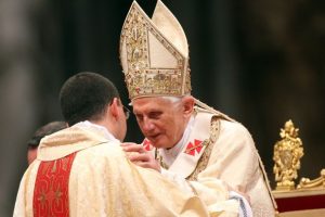 VATICAN CITY, VATICAN - JUNE 20:  Pope Benedict XVI names fourteen new priests during a ceremony at St. Peter's Basilica on June 20, 2010 in Vatican City, Vatican. The pope expressed sorrow and offered prayers for the victims of the violence in Kyrgyzstan during remarks Sunday to pilgrims in St. Peter's Square.   (Photo by Franco Origlia/Getty Images)